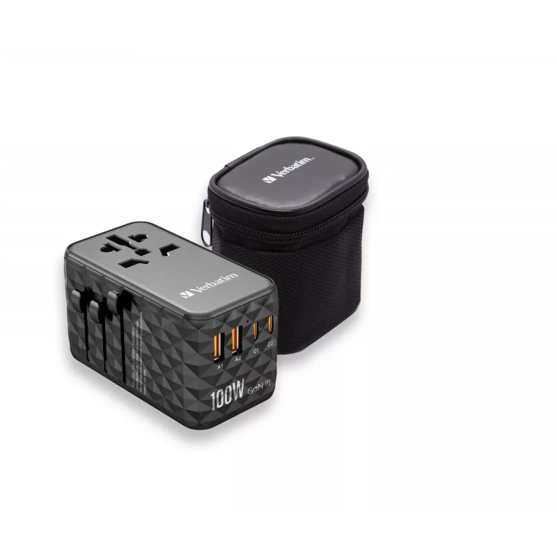 Adaptador de viagem universal Verbatim UTA-06 100W GaN III com 2 x USB-C PD e QC 4+ e 2 x portas USB-A QC 3.0