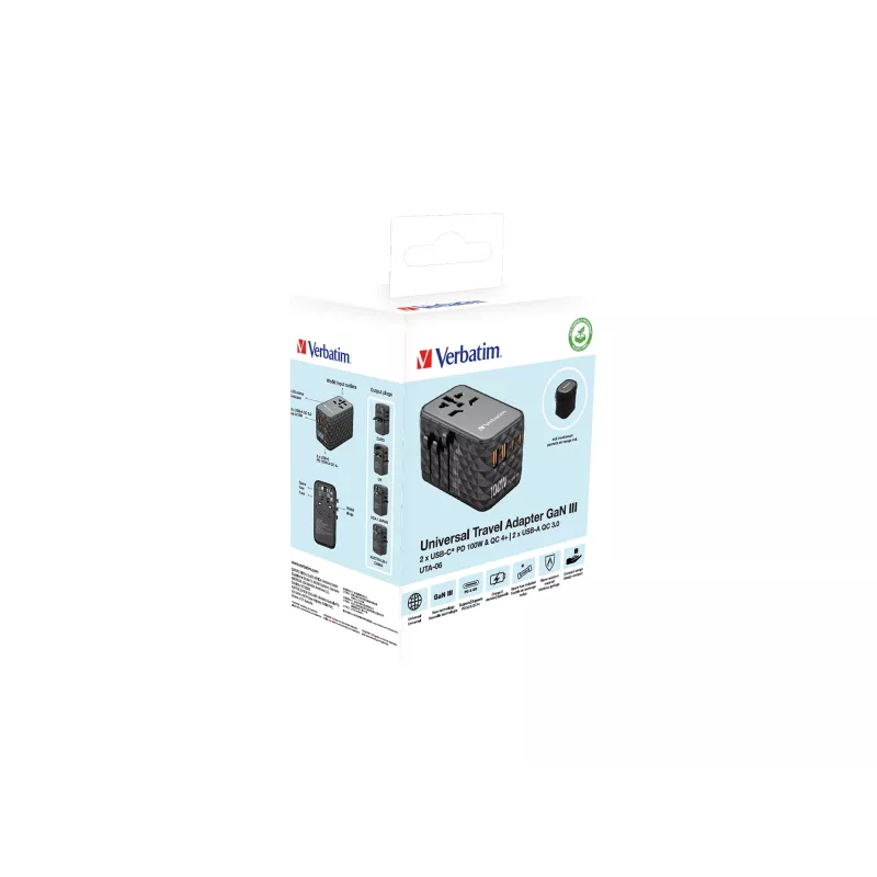 Adaptador de viagem universal Verbatim UTA-06 100W GaN III com 2 x USB-C PD e QC 4+ e 2 x portas USB-A QC 3.0