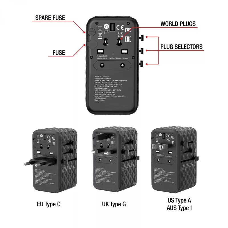 Adaptador de viagem universal Verbatim UTA-06 100W GaN III com 2 x USB-C PD e QC 4+ e 2 x portas USB-A QC 3.0