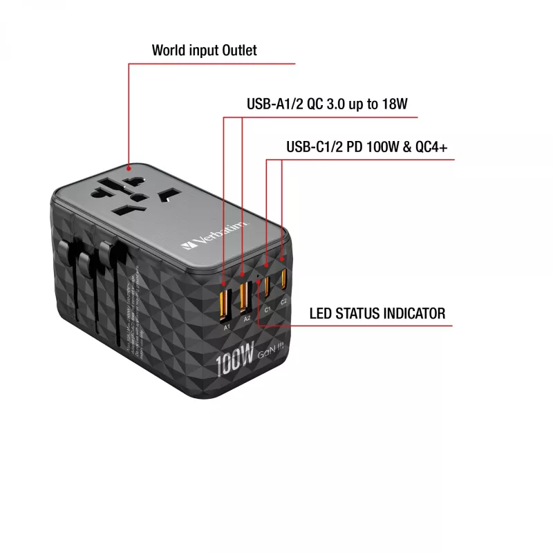 Adaptador de viagem universal Verbatim UTA-06 100W GaN III com 2 x USB-C PD e QC 4+ e 2 x portas USB-A QC 3.0