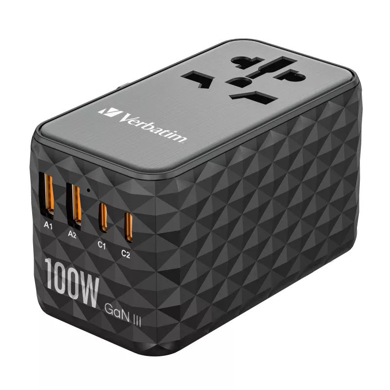 Adaptador de viagem universal Verbatim UTA-06 100W GaN III com 2 x USB-C PD e QC 4+ e 2 x portas USB-A QC 3.0