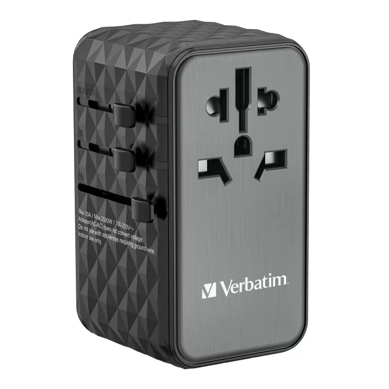 Adaptador de viagem universal Verbatim UTA-06 100W GaN III com 2 x USB-C PD e QC 4+ e 2 x portas USB-A QC 3.0