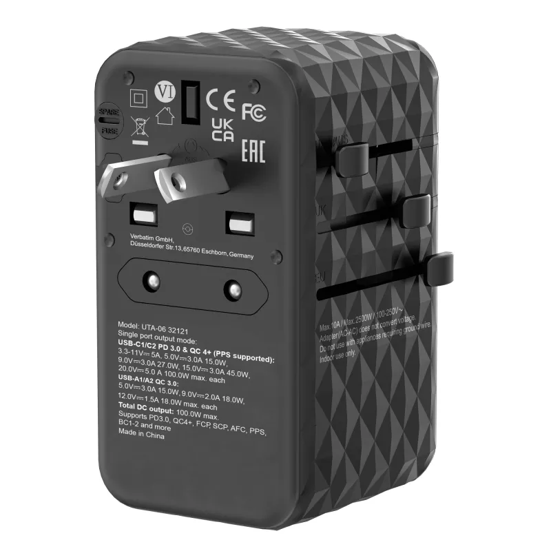 Adaptador de viagem universal Verbatim UTA-06 100W GaN III com 2 x USB-C PD e QC 4+ e 2 x portas USB-A QC 3.0