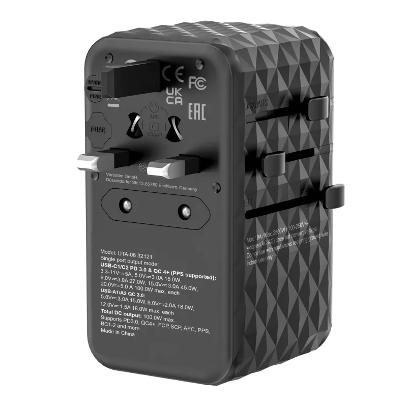Adaptador de viagem universal Verbatim UTA-06 100W GaN III com 2 x USB-C PD e QC 4+ e 2 x portas USB-A QC 3.0