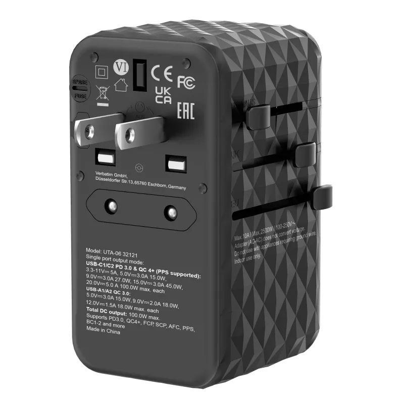 Adaptador de viagem universal Verbatim UTA-06 100W GaN III com 2 x USB-C PD e QC 4+ e 2 x portas USB-A QC 3.0