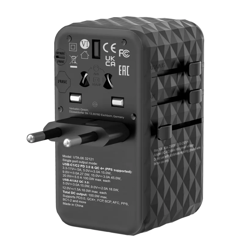 Adaptador de viagem universal Verbatim UTA-06 100W GaN III com 2 x USB-C PD e QC 4+ e 2 x portas USB-A QC 3.0