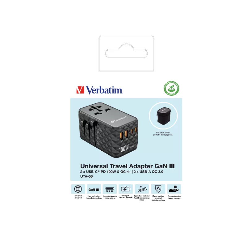 Adaptador de viagem universal Verbatim UTA-06 100W GaN III com 2 x USB-C PD e QC 4+ e 2 x portas USB-A QC 3.0
