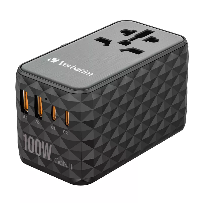 Adaptador de viagem universal Verbatim UTA-06 100W GaN III com 2 x USB-C PD e QC 4+ e 2 x portas USB-A QC 3.0