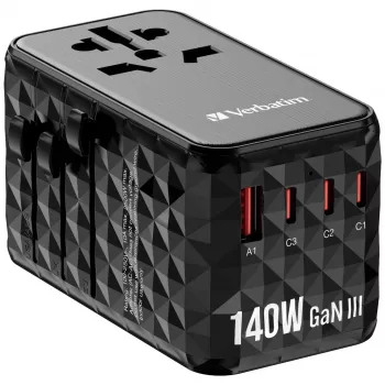 Adaptador de viagem universal Verbatim UTA-10 140W GaN III com 2 x USB-C PD 3.1 e QC 4+, 1 x USB-C PD 3.0 e 1 x porta USB-A QC 3.0