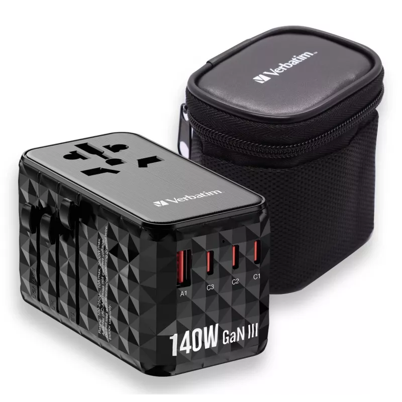 Adaptador de viagem universal Verbatim UTA-10 140W GaN III com 2 x USB-C PD 3.1 e QC 4+, 1 x USB-C PD 3.0 e 1 x porta USB-A QC 3.0