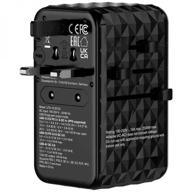 Adaptador de viagem universal Verbatim UTA-10 140W GaN III com 2 x USB-C PD 3.1 e QC 4+, 1 x USB-C PD 3.0 e 1 x porta USB-A QC 3.0
