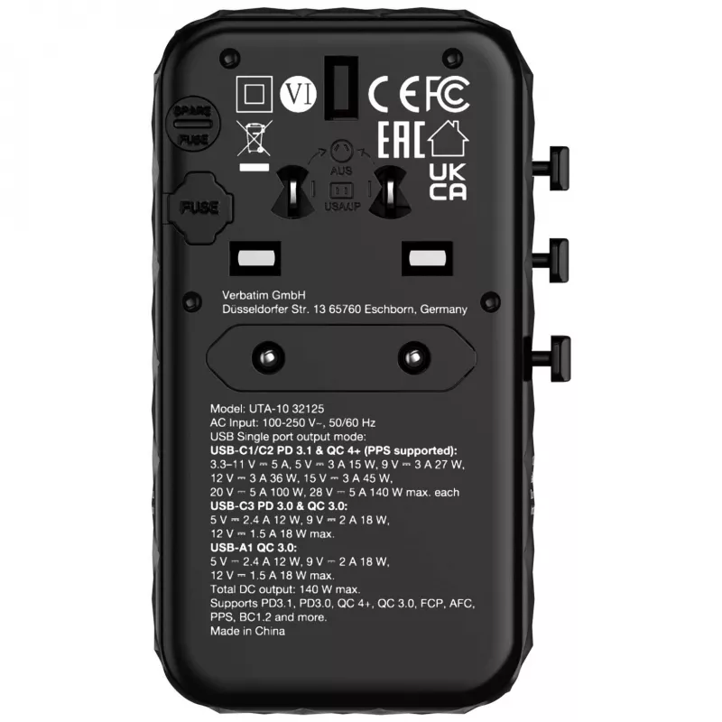 Adaptador de viagem universal Verbatim UTA-10 140W GaN III com 2 x USB-C PD 3.1 e QC 4+, 1 x USB-C PD 3.0 e 1 x porta USB-A QC 3.0