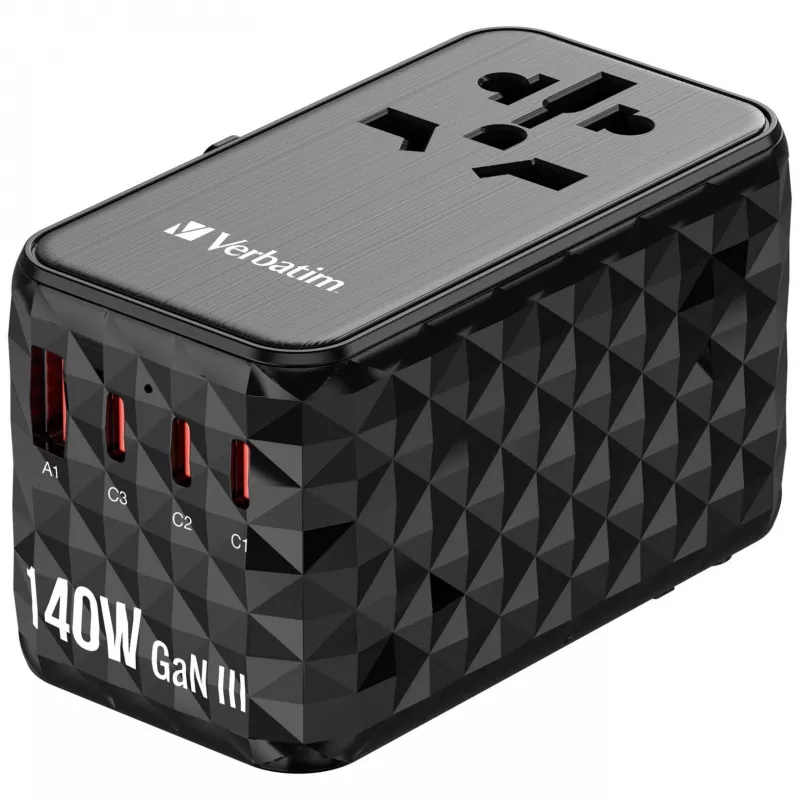Adaptador de viagem universal Verbatim UTA-10 140W GaN III com 2 x USB-C PD 3.1 e QC 4+, 1 x USB-C PD 3.0 e 1 x porta USB-A QC 3.0