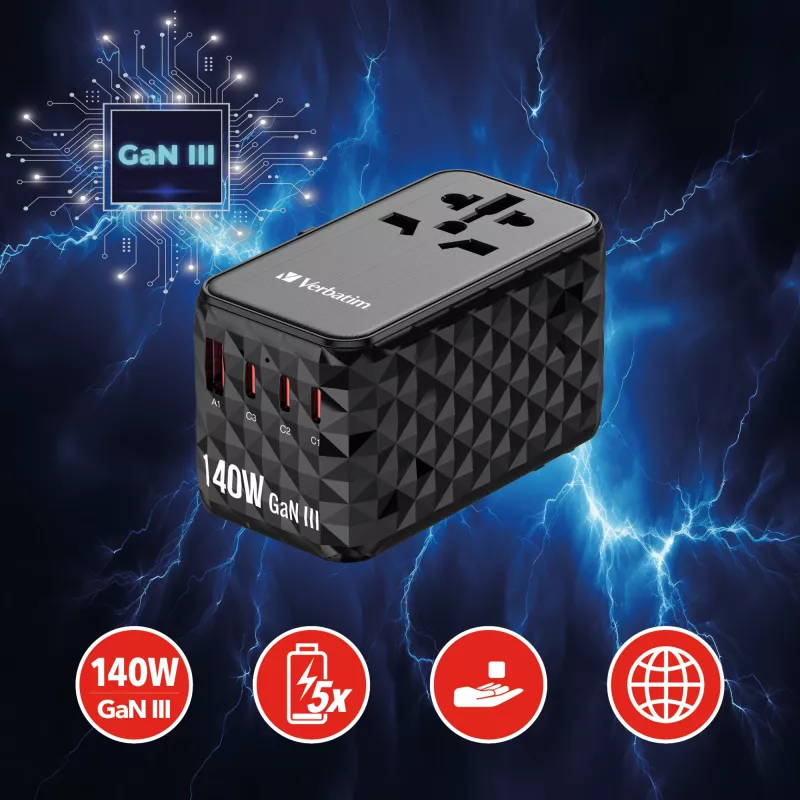 Adaptador de viagem universal Verbatim UTA-10 140W GaN III com 2 x USB-C PD 3.1 e QC 4+, 1 x USB-C PD 3.0 e 1 x porta USB-A QC 3.0