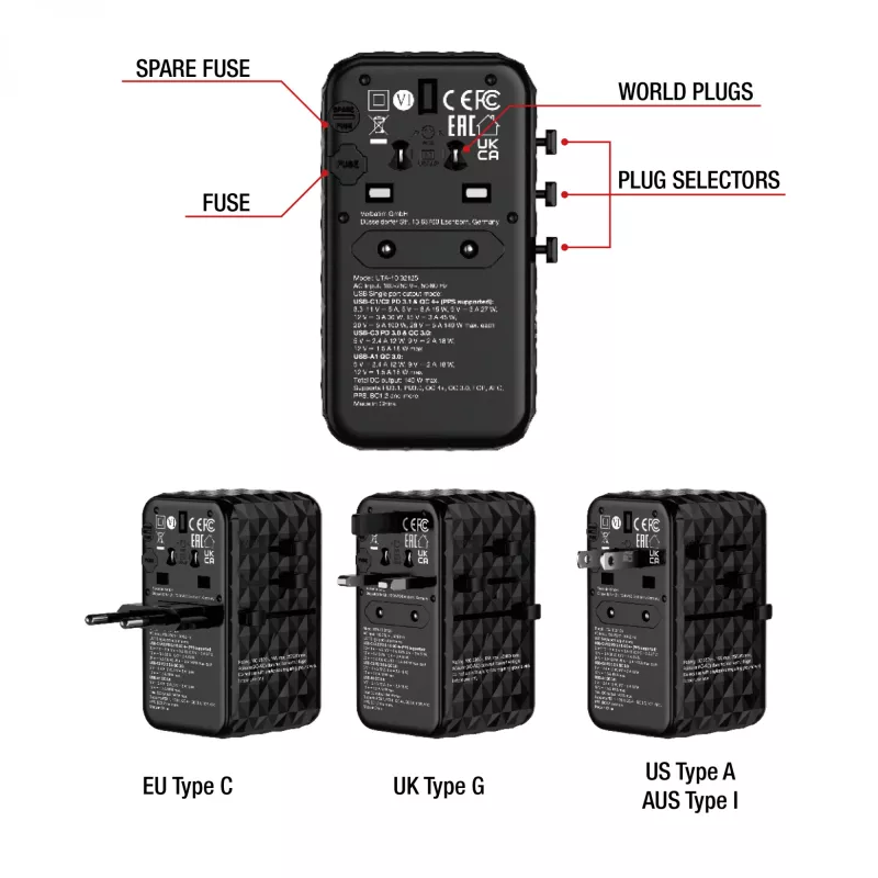 Adaptador de viagem universal Verbatim UTA-10 140W GaN III com 2 x USB-C PD 3.1 e QC 4+, 1 x USB-C PD 3.0 e 1 x porta USB-A QC 3.0