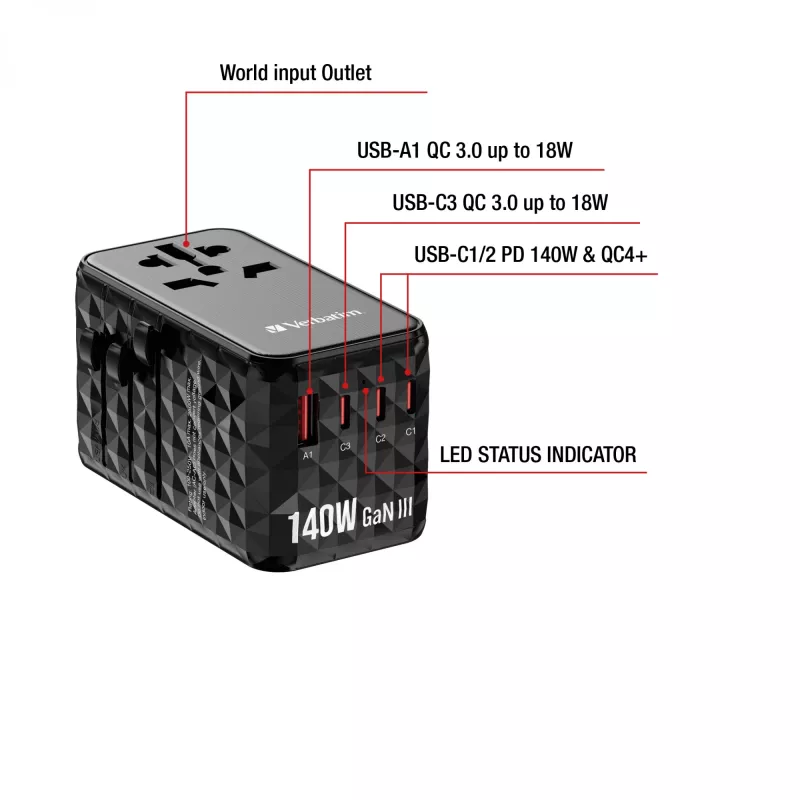 Adaptador de viagem universal Verbatim UTA-10 140W GaN III com 2 x USB-C PD 3.1 e QC 4+, 1 x USB-C PD 3.0 e 1 x porta USB-A QC 3.0