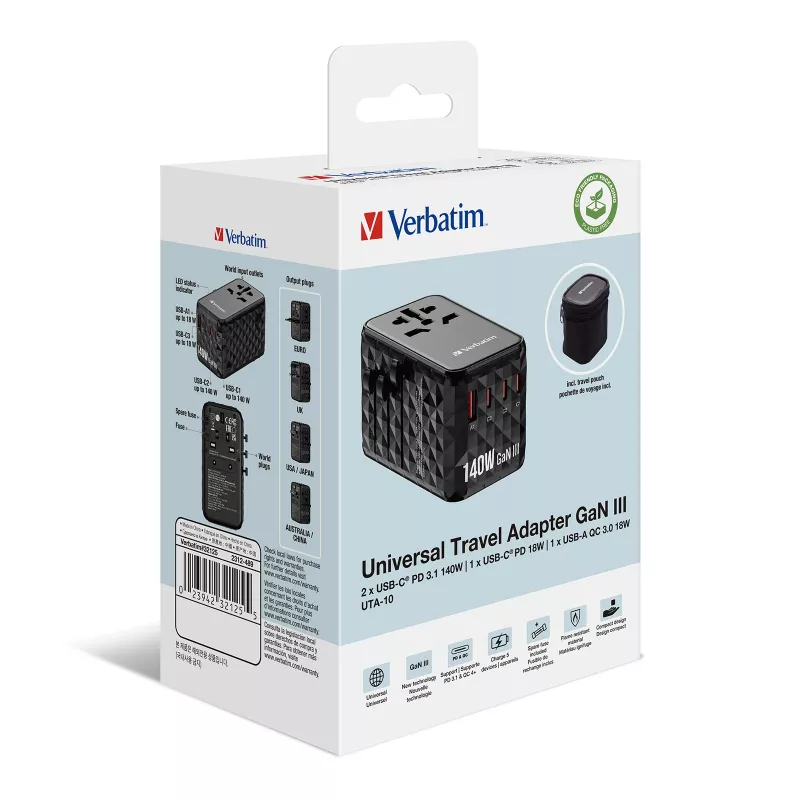 Adaptador de viagem universal Verbatim UTA-10 140W GaN III com 2 x USB-C PD 3.1 e QC 4+, 1 x USB-C PD 3.0 e 1 x porta USB-A QC 3.0