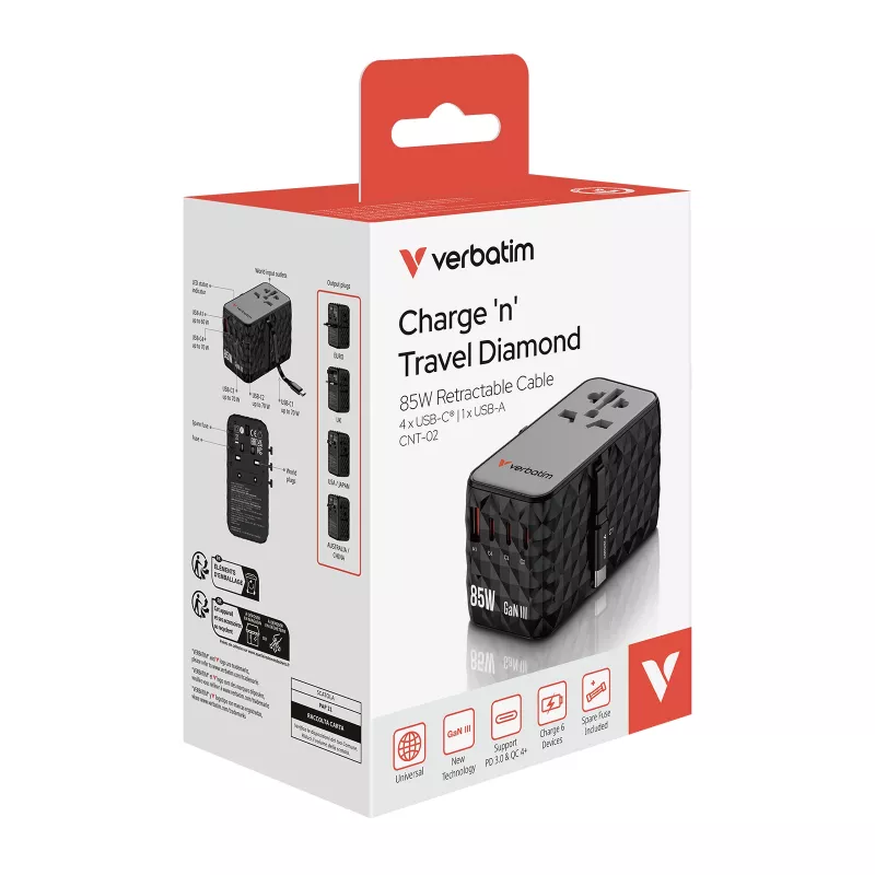 Cabo retrátil Verbatim Charge 'n' Travel Diamond 85W CNT-02
