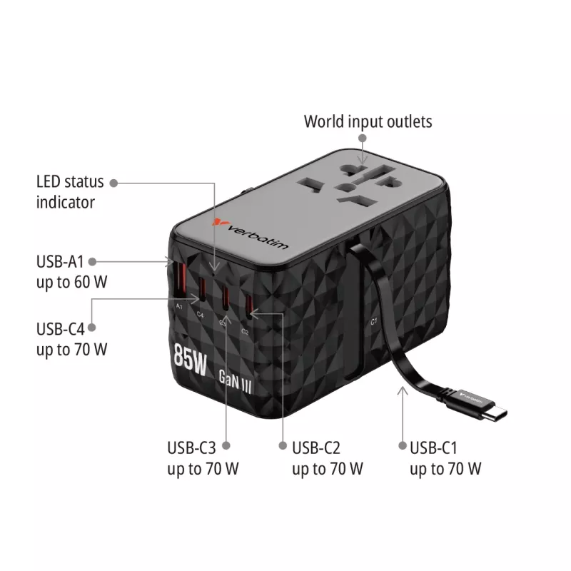 Cabo retrátil Verbatim Charge 'n' Travel Diamond 85W CNT-02