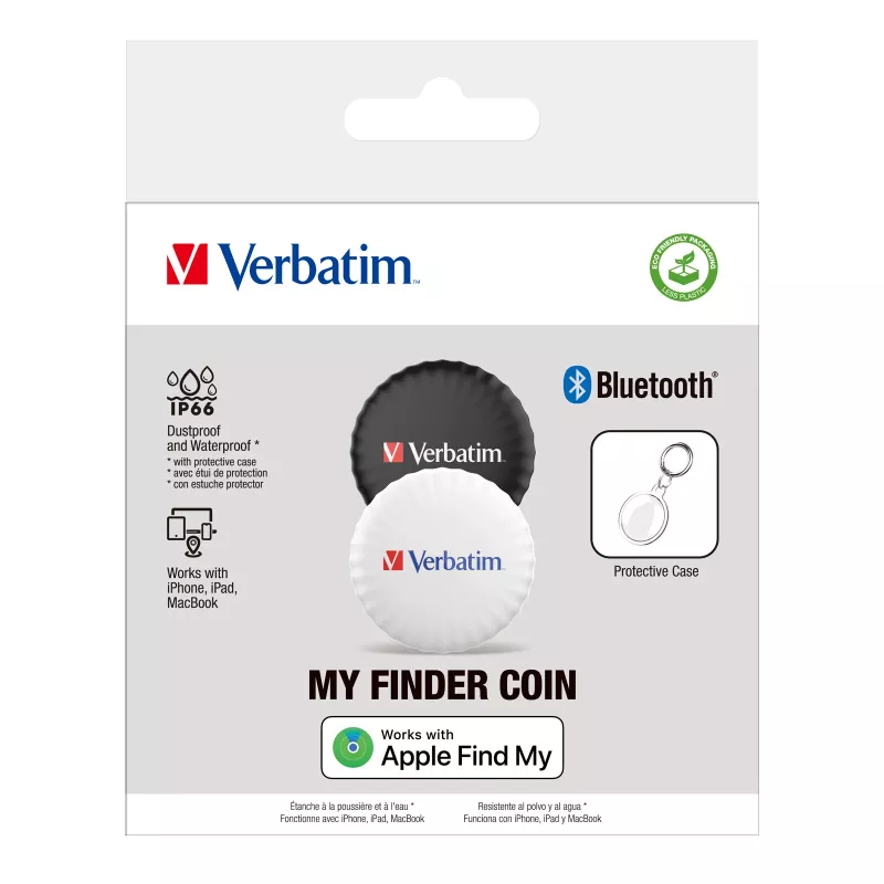 Rastreador Bluetooth Verbatim My Finder Coin – pack de 2, pessoal, localizador, preto, branco, resistente ao pó, à prova de água, IP66, CR2032