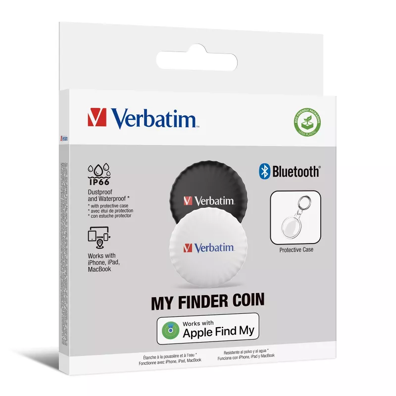 Rastreador Bluetooth Verbatim My Finder Coin – pack de 2, pessoal, localizador, preto, branco, resistente ao pó, à prova de água, IP66, CR2032