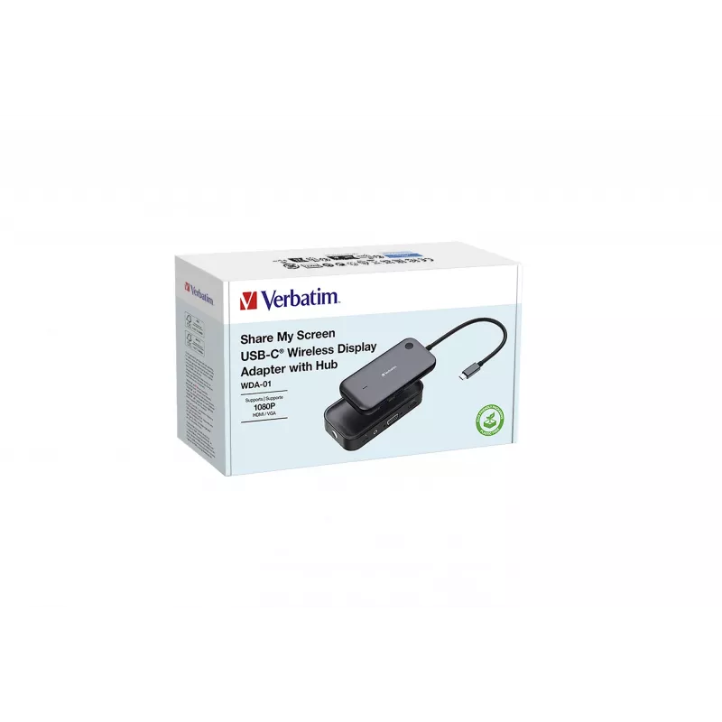 Adaptador de ecrã sem fios Verbatim Share My Screen 1080p USB-C com hub WDA-01