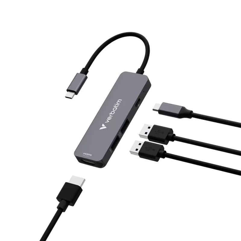 Hub multiportas Verbatim USB-C Essentials 4 portas: HDMI, USB-C PD, USB-A 3.2 Gen 1, USB-A