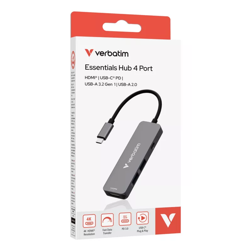 Hub multiportas Verbatim USB-C Essentials 4 portas: HDMI, USB-C PD, USB-A 3.2 Gen 1, USB-A