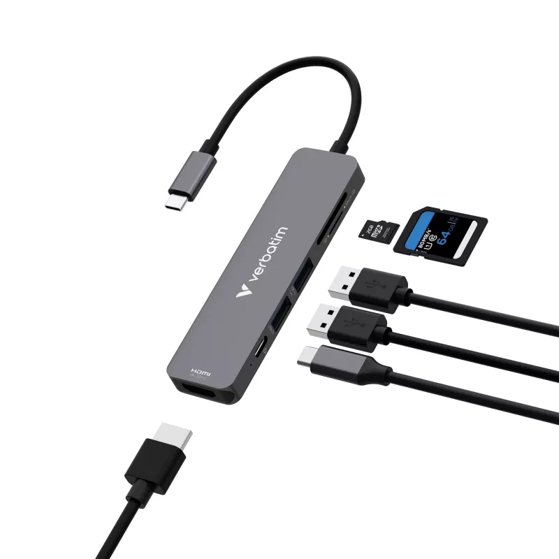 Hub multiportas Verbatim USB-C Essentials 6 portas: HDMI, USB-C PD, USB-A 3.2 Gen 1, USB-A, SD e microSD