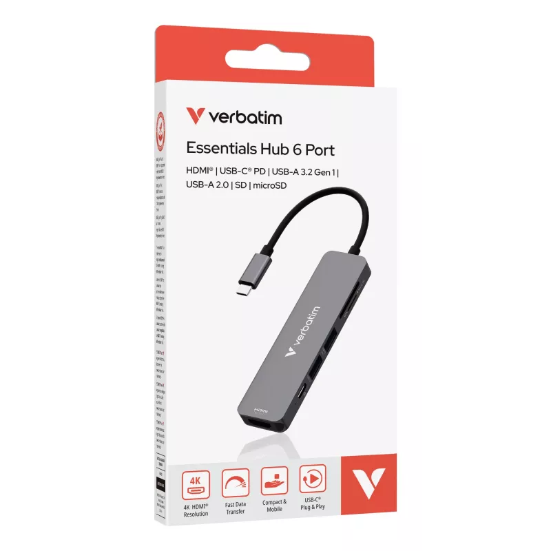 Hub multiportas Verbatim USB-C Essentials 6 portas: HDMI, USB-C PD, USB-A 3.2 Gen 1, USB-A, SD e microSD