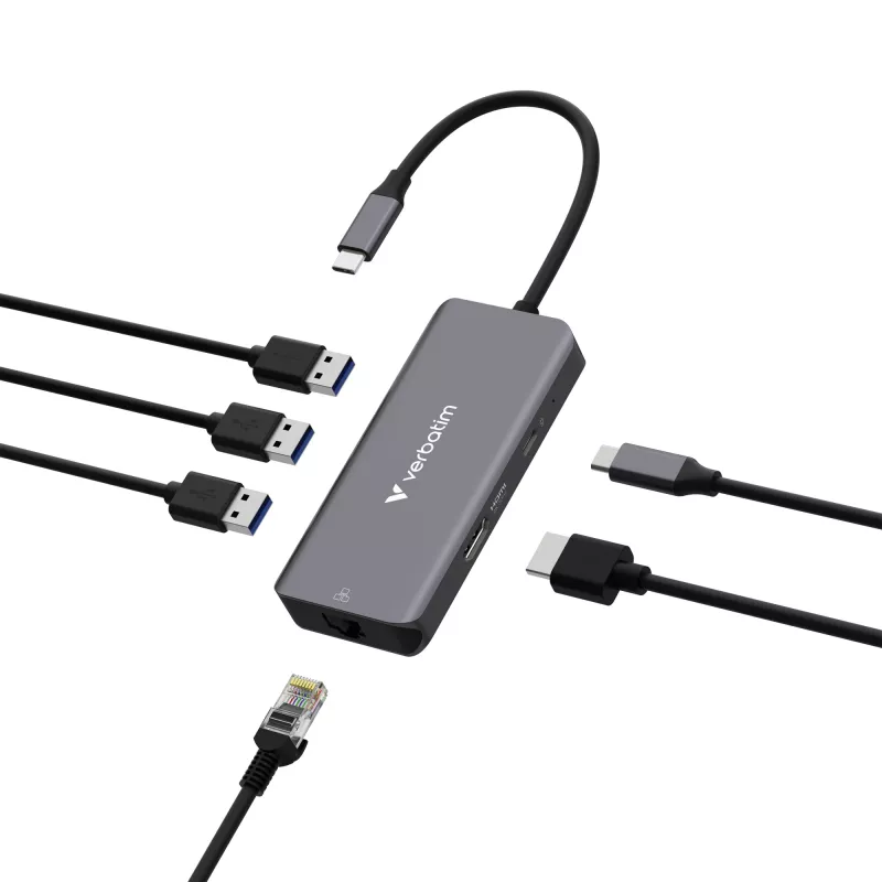 Hub multiportas Verbatim USB-C Essentials 6 portas: RJ45, HDMI, USB-C PD, 3 x USB-A 3.2 Gen 1