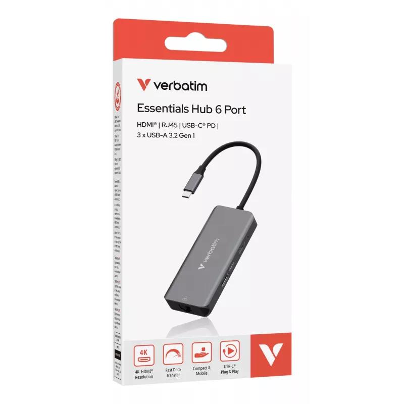 Hub multiportas Verbatim USB-C Essentials 6 portas: RJ45, HDMI, USB-C PD, 3 x USB-A 3.2 Gen 1