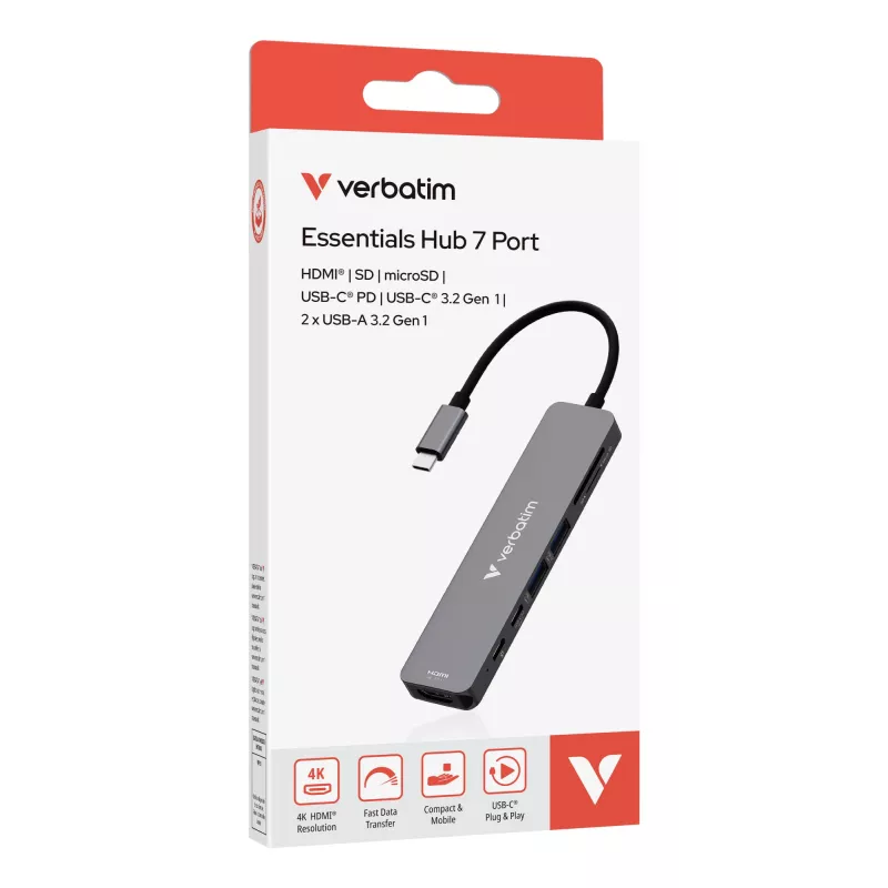 Hub multiportas Verbatim USB-C Essentials 7 portas: HDMI, USB-C, USB-C 3.2 Gen 1, 2 x USB-A 3.2 Gen 1, SD e microSD