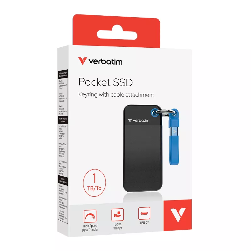 Verbatim Pocket SSD USB 3.2 Gen 2 1 TB Preto/Azul, 1 TB, USB Type-C, 3.2 Gen 2 (3.1 Gen 2), 1000 MB/s, 10 Gbit/s, Preto, Azul
