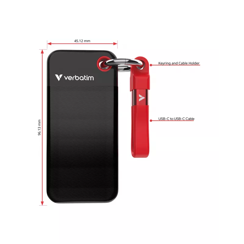Verbatim Pocket SSD USB 3.2 Gen 2 1 TB Preto/Vermelho, 1 TB, USB Type-C, 3.2 Gen 2 (3.1 Gen 2), 1000 MB/s, 10 Gbit/s, Preto, Vermelho