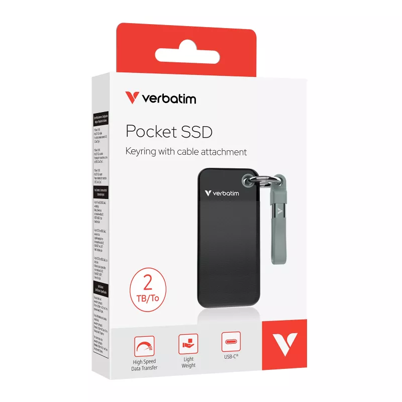 Verbatim Pocket SSD USB 3.2 Gen 2 2TB Preto/Cinzento, 2 TB, USB Type-C, 3.2 Gen 2 (3.1 Gen 2), 1000 MB/s, 10 Gbit/s, Preto, Cinzento