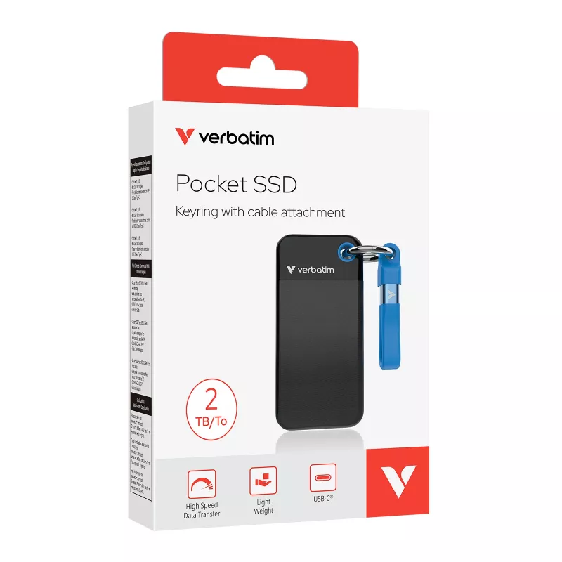 Verbatim Pocket SSD USB 3.2 Gen 2 2TB Preto/Azul, 2 TB, USB Type-C, 3.2 Gen 2 (3.1 Gen 2), 1000 MB/s, 10 Gbit/s, Preto, Azul