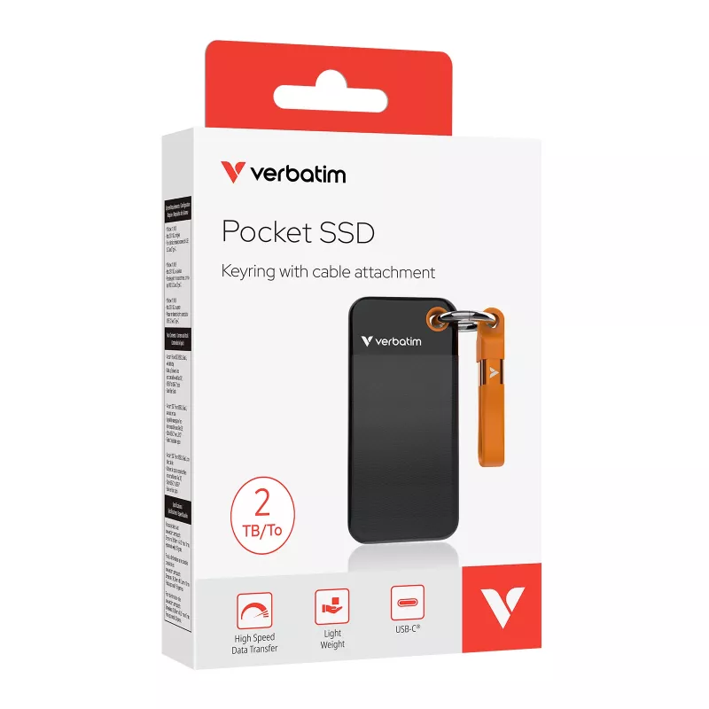 Verbatim Pocket SSD USB 3.2 Gen 2 2TB Preto/Laranja, 2 TB, USB Type-C, 3.2 Gen 2 (3.1 Gen 2), 1000 MB/s, 10 Gbit/s, Preto, Laranja