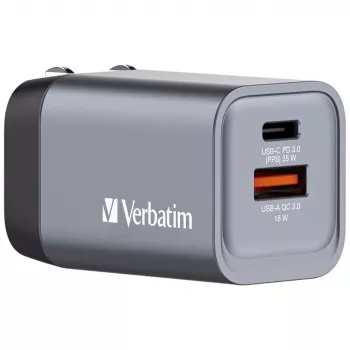 Verbatim GNC-35 Carregador GaN 35W com 1 x USB-C PD 35W / 1 x USB-A QC 3.0 (EU/UK/US)