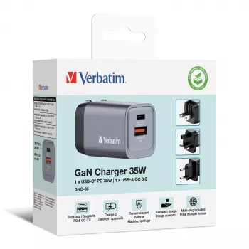 Verbatim GNC-35 Carregador GaN 35W com 1 x USB-C PD 35W / 1 x USB-A QC 3.0 (EU/UK/US)