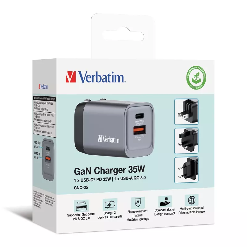Verbatim GNC-35 Carregador GaN 35W com 1 x USB-C PD 35W / 1 x USB-A QC 3.0 (EU/UK/US)