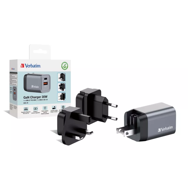 Verbatim GNC-35 Carregador GaN 35W com 1 x USB-C PD 35W / 1 x USB-A QC 3.0 (EU/UK/US)