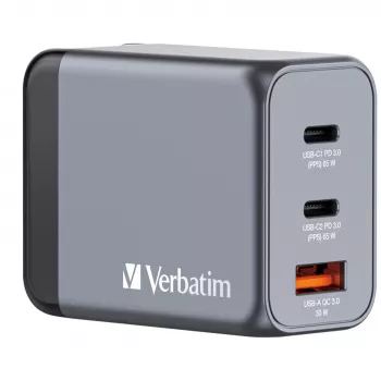 Verbatim GNC-65 Carregador GaN 65W com 2 x USB-C PD 65W / 1 x USB-A QC 3.0 (EU/UK/US)