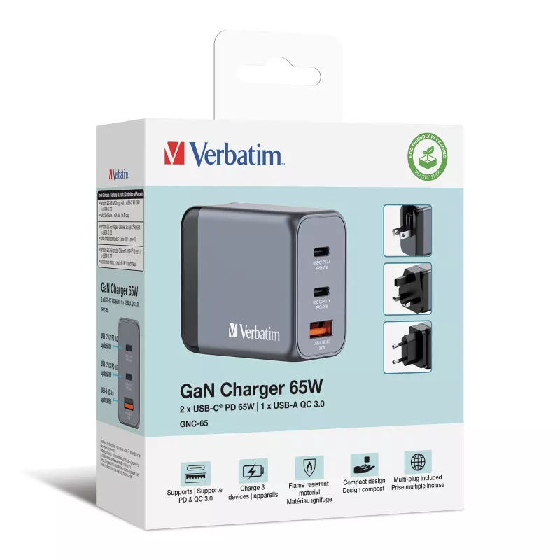 Verbatim GNC-65 Carregador GaN 65W com 2 x USB-C PD 65W / 1 x USB-A QC 3.0 (EU/UK/US)