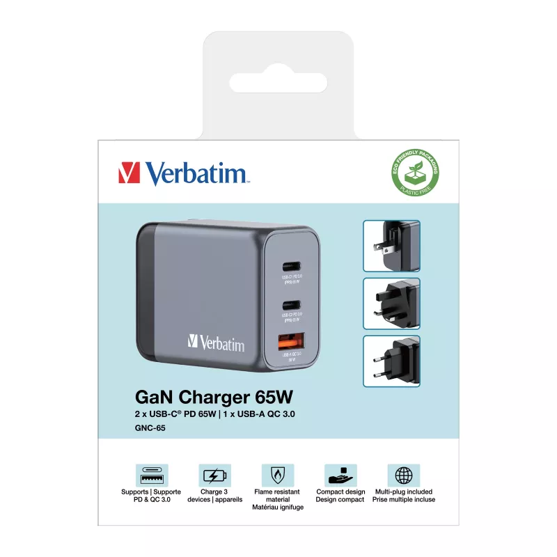Verbatim GNC-65 Carregador GaN 65W com 2 x USB-C PD 65W / 1 x USB-A QC 3.0 (EU/UK/US)
