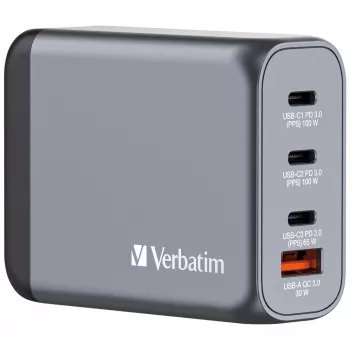 Verbatim GNC-100 Carregador GaN 100W com 2 x USB-C PD 100W / 1 x USB-C PD 65W / 1 x USB-A QC 3.0 (EU/UK/US)