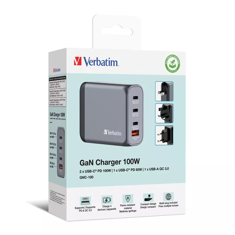 Verbatim GNC-100 Carregador GaN 100W com 2 x USB-C PD 100W / 1 x USB-C PD 65W / 1 x USB-A QC 3.0 (EU/UK/US)