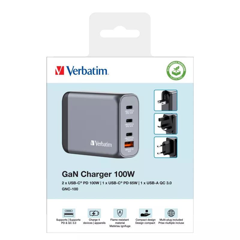 Verbatim GNC-100 Carregador GaN 100W com 2 x USB-C PD 100W / 1 x USB-C PD 65W / 1 x USB-A QC 3.0 (EU/UK/US)