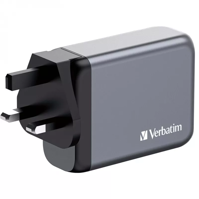 Verbatim GNC-100 Carregador GaN 100W com 2 x USB-C PD 100W / 1 x USB-C PD 65W / 1 x USB-A QC 3.0 (EU/UK/US)