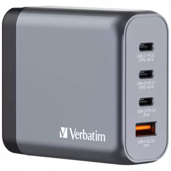Verbatim GNC-140 Carregador GaN 140 W com 2 x USB-C PD 140 W / 1 x USB-C PD 20 W / 1 x USB-A QC 3.0 (EU/UK/US)